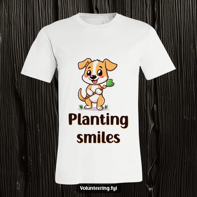 Funny dog t-shirt with a happy, tail-wagging dog holding a gardening tool, ideal for garden enthusiasts.