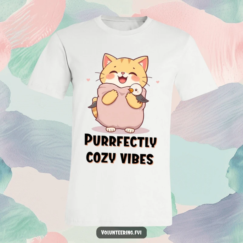 Funny cat t-shirt depicting a joyful cat offering a warm blanket to a shivering bird, a cute illustration of animal empathy.