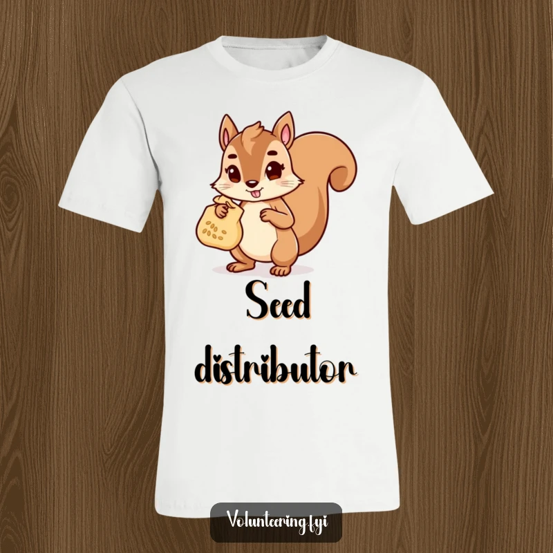Funny T-Shirt showcasing a determined squirrel character carrying a bag of seeds, radiating helpfulness and a responsible attitude.