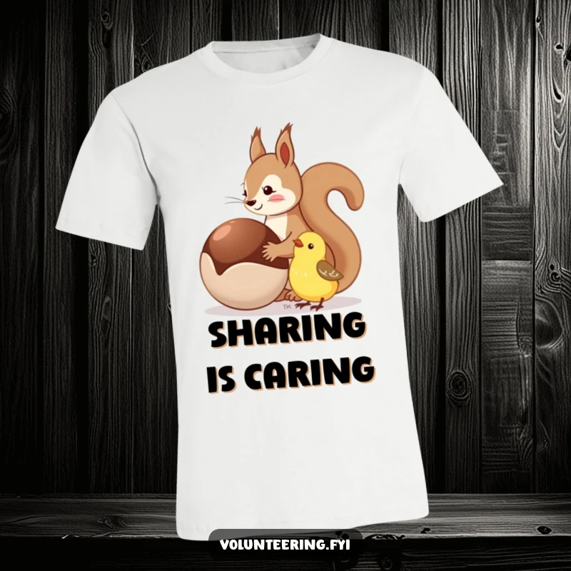 Funny t-shirt depicting a squirrel generously sharing a big nut with a small, joyful bird.