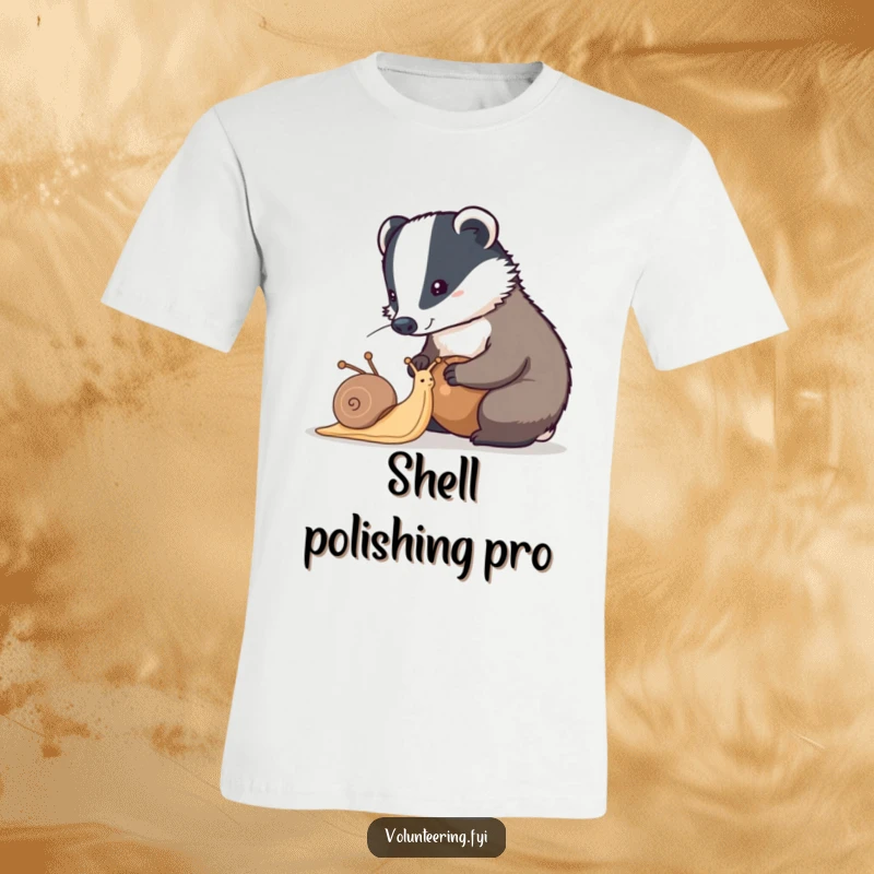 Funny badger t-shirt showing a diligent badger helping a snail clean its shell, a charming scene of creature cooperation.
