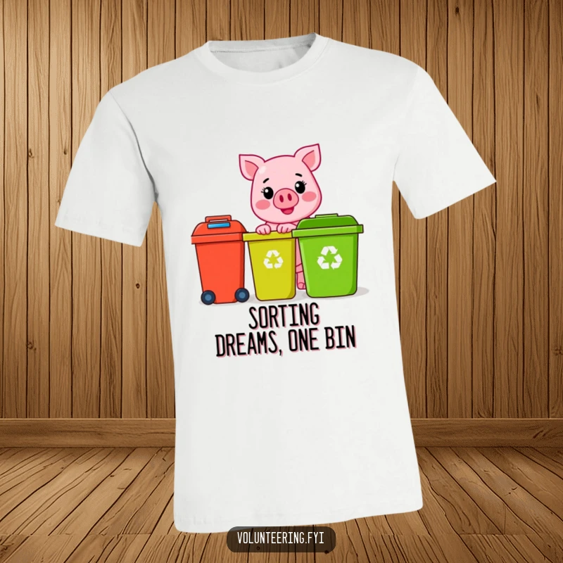 Funny pink pig character with a sunny smile, cheerfully sorting colorful recycling bins, on an eco-conscious t-shirt, a funny gift.