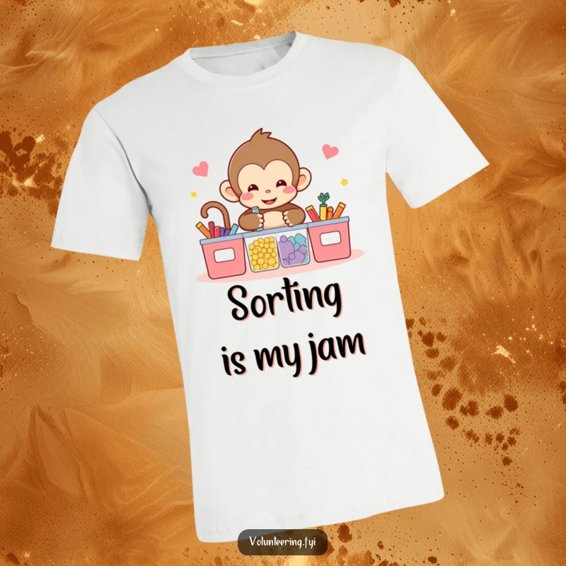 Funny kawaii monkey t-shirt, gleefully sorting colorful objects into neat bins, symbolizing order and efficiency, a fun graphic tee.