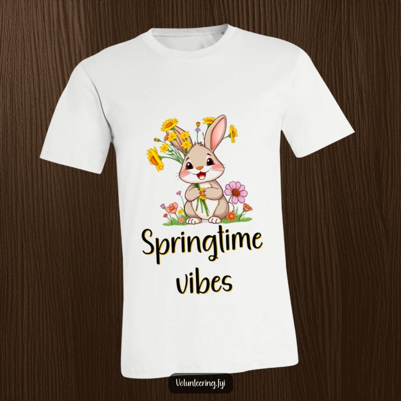 Funny rabbit t-shirt, a happy cartoon rabbit holding a large bouquet of colorful, bright wildflowers with a delighted expression.