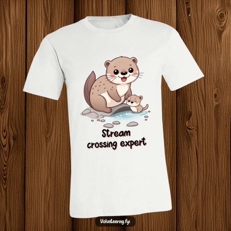Funny T-Shirt showcasing a happy otter character aiding a smaller animal across a stream, radiating helpfulness and friendship.
