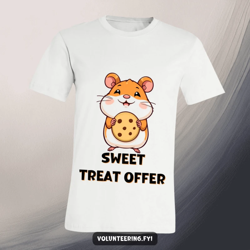 Funny hamster t-shirt with a smiling hamster offering a miniature cookie, perfect for those who love sweet treats.