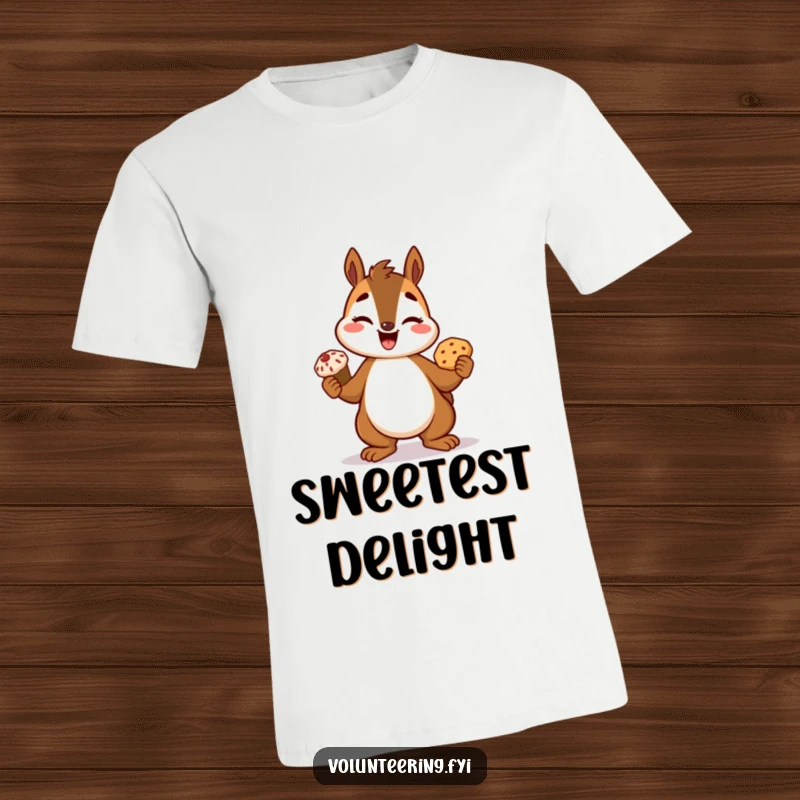 Funny squirrel t-shirt, a happy cartoon squirrel proudly showing off a delicious freshly baked treat with a wide grin.