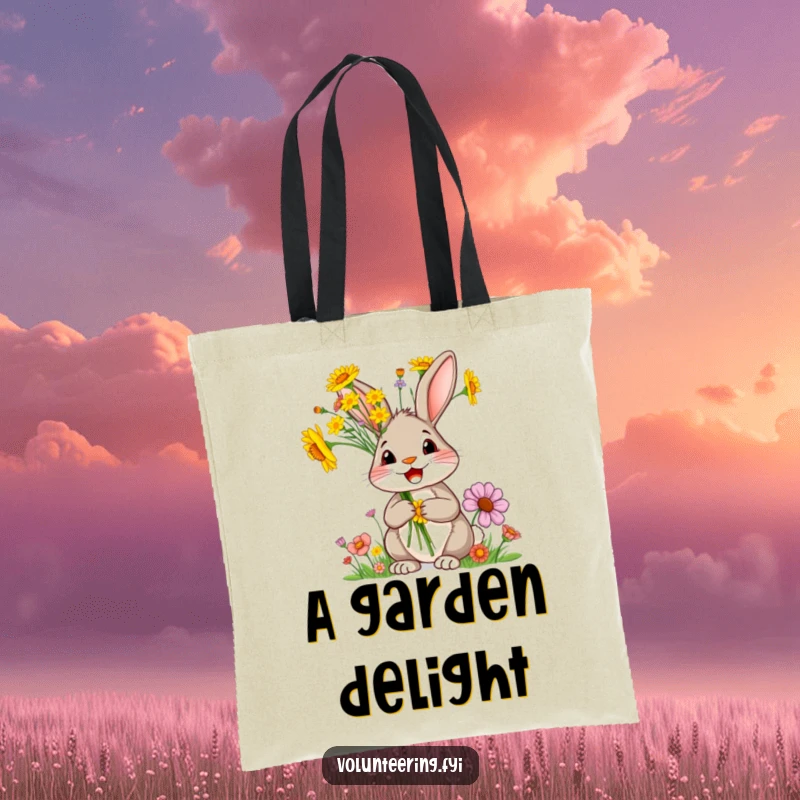 Funny rabbit tote bag, a delighted cartoon rabbit carrying a lovely bunch of bright wildflowers, perfect for shopping.