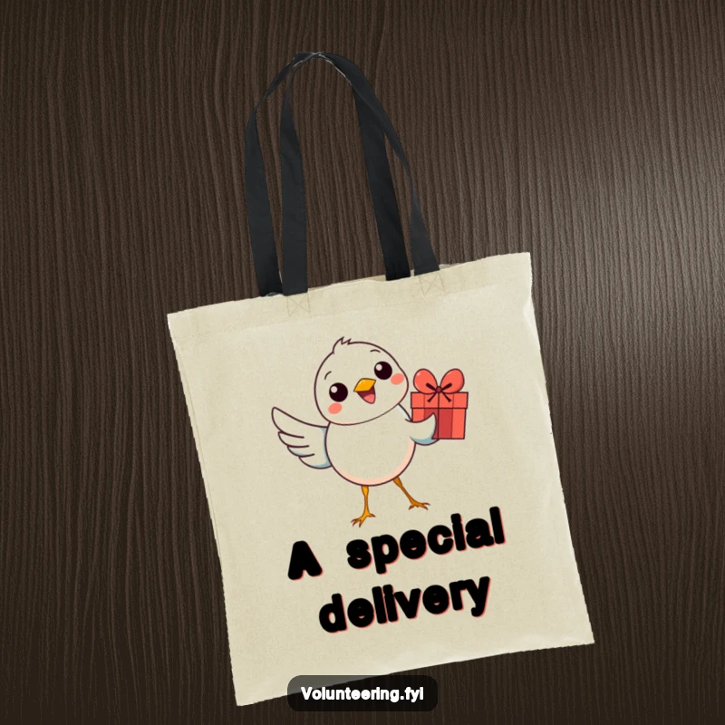 Funny bird tote bag with a smiling bird holding a colorful gift, perfect for carrying presents and essentials.