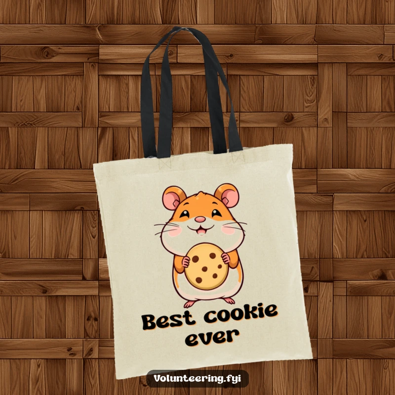 Funny hamster tote bag with a smiling hamster offering a tiny cookie, perfect for carrying everyday items.