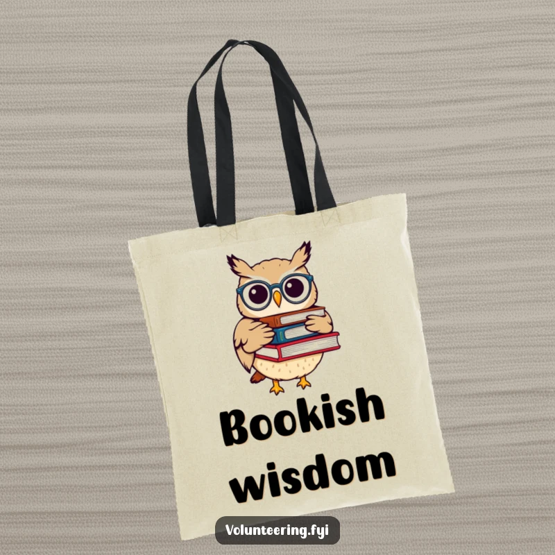 Funny tote bag featuring a whimsical owl with spectacles carrying books, perfect for carrying books and showing off a love for reading.