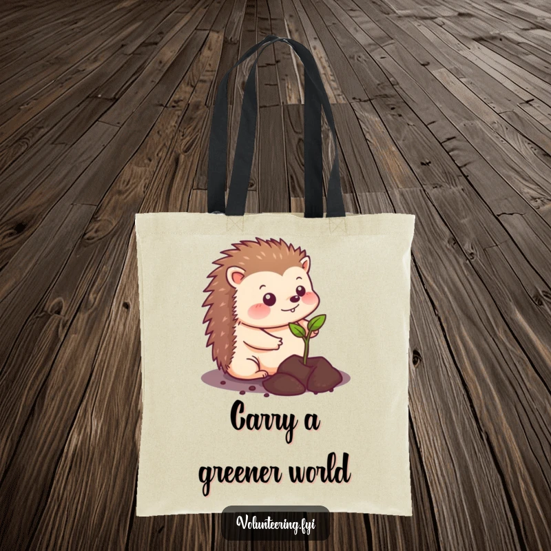 Funny kawaii hedgehog tote bag, showing a cute animal planting a tiny seedling, perfect for grocery shopping or carrying everyday items.
