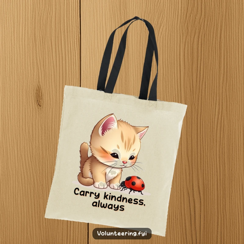 Funny Kitten Ladybug Tote Bag showing a curious kitten helping a lost ladybug, a charming and practical accessory for everyday use.