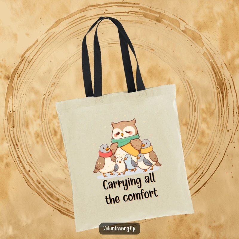 Funny owl tote bag with a cute owl distributing blankets to pigeons, ideal for shopping and as a heartwarming funny gift.