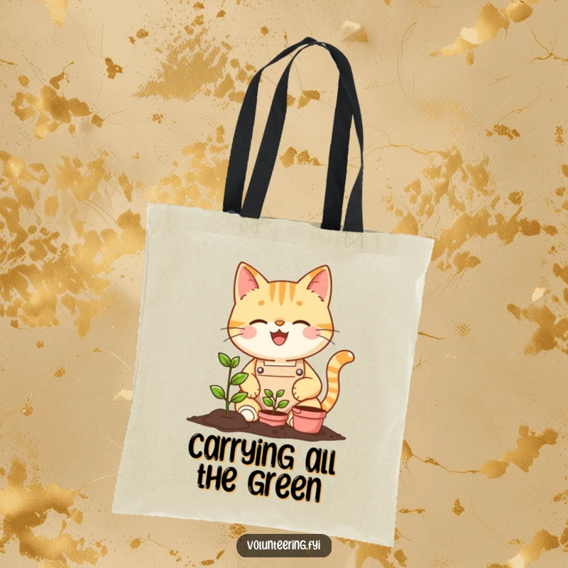Funny cat in an apron planting a tiny seedling on a durable tote bag, perfect for carrying gardening supplies with charm.