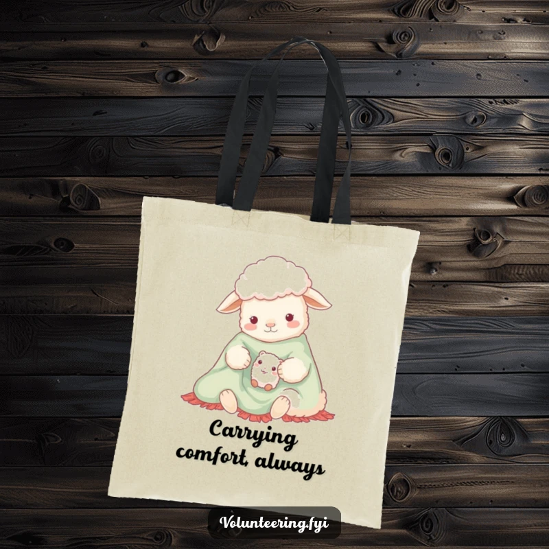 Funny tote bag depicting a gentle sheep and a small creature sharing a bright blanket, perfect for carrying everyday items humorously.