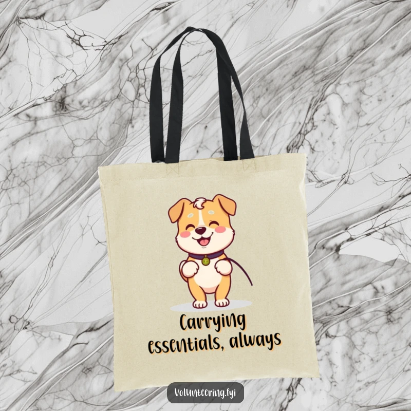 Funny tote bag with a Kawaii dog holding a leash, ready to walk with an elder, symbolizing care and companionship.