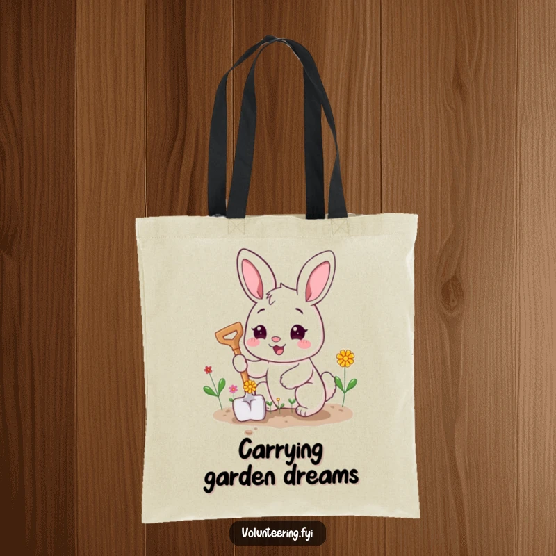 Funny tote bag with a happy bunny character planting tiny flowers with a smiling shovel, perfect for carrying supplies.