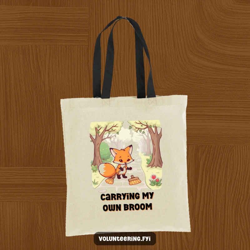 Funny fox tote bag featuring a determined animal sweeping a park pathway, ideal for shopping and as a unique funny gift.