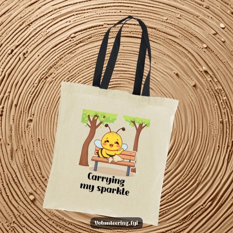 Funny Tote Bag: Joyful yellow bee with a determined expression polishes a park bench with a small cloth, carrying purpose.