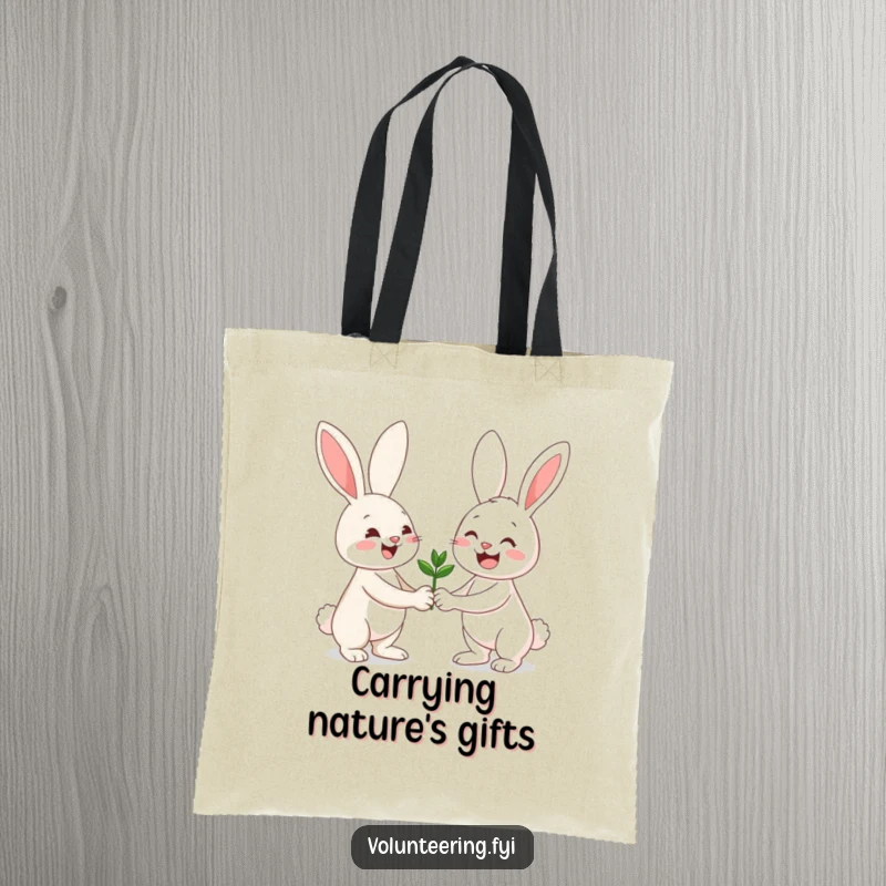 Funny tote bag showing a happy bunny passing a seedling to a friend, perfect for carrying gardening tools.