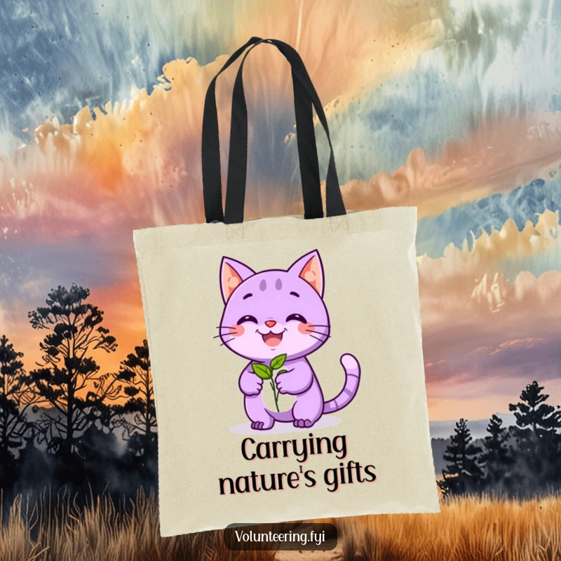 Funny tote bag showcasing a playful purple cat smiling, handing a seedling, perfect for carrying items with a humorous, nature-loving vibe.
