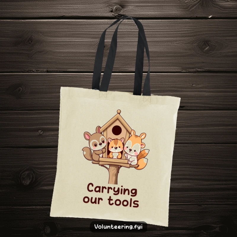 Funny tote bag illustrating diverse animal friends constructing a birdhouse, perfect for carrying groceries or books with a smile.