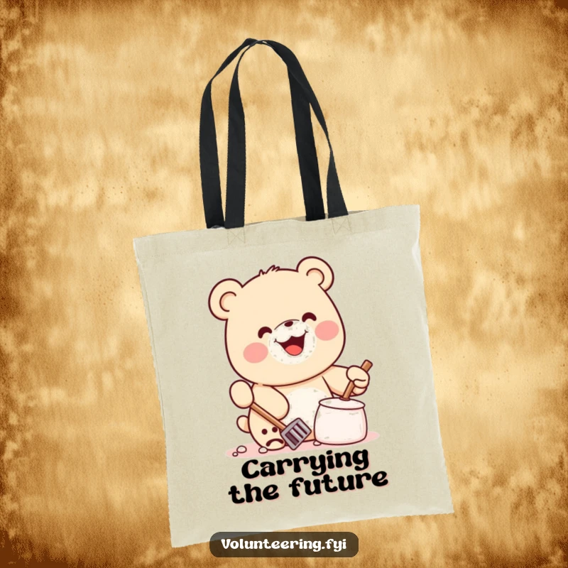Funny Kawaii Bear Tote Bag: Sturdy bag with a grinning bear cleaning litter, a humorous and sustainable shopping companion.