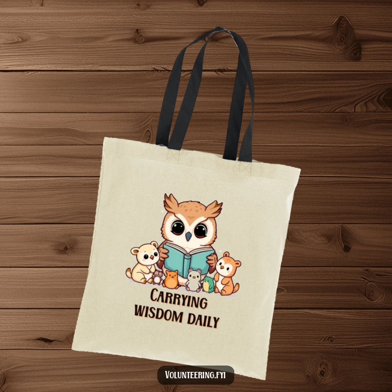Funny tote bag depicting a curious Kawaii owl reading a book to young animals, perfect for carrying books, a funny gift.