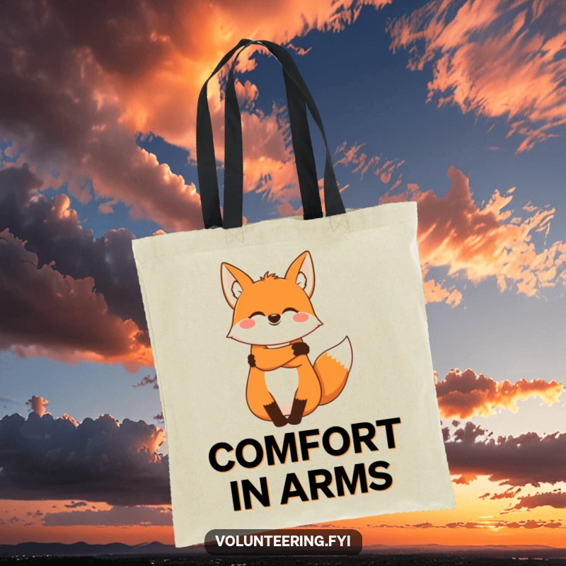 Funny fox tote bag, a joyous cartoon fox sharing a warm, comforting hug, perfect for carrying daily items.