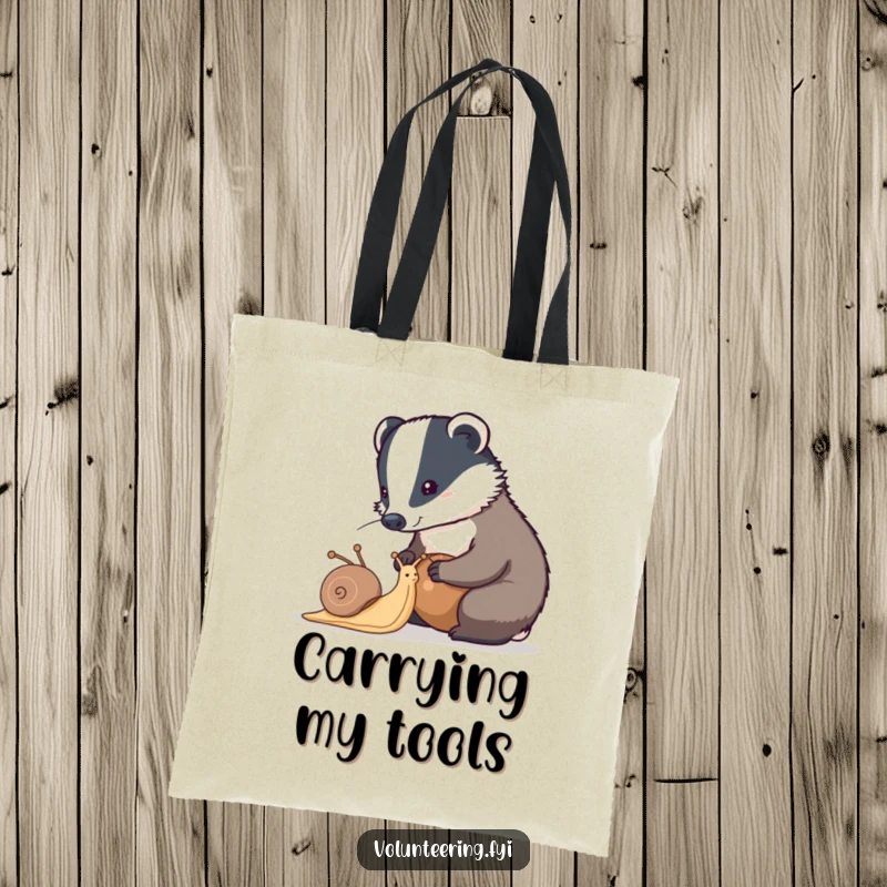 Funny badger tote bag showing a diligent badger helping a snail clean its shell, a cute accessory for meticulous individuals.