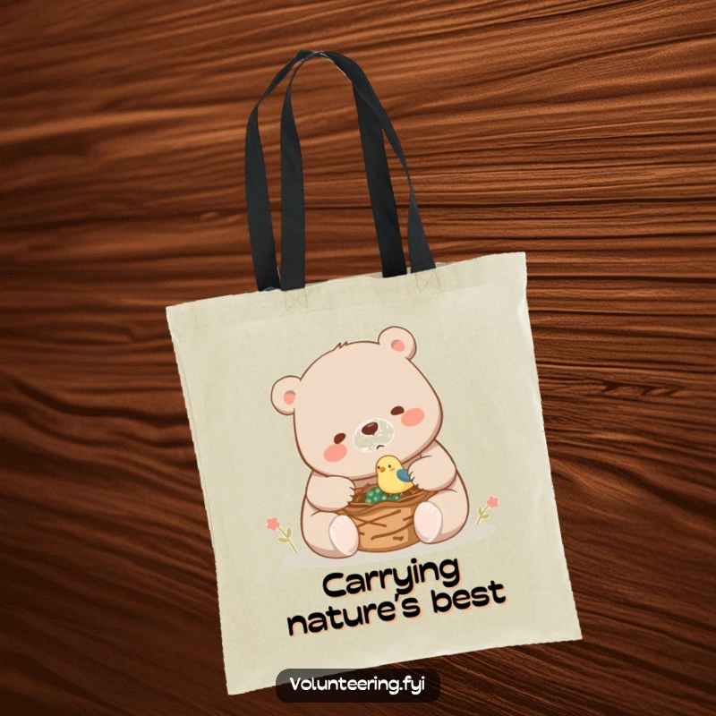 Funny tote bag with a large bear assisting a tiny bird with nest building, a cute scene of interspecies help.