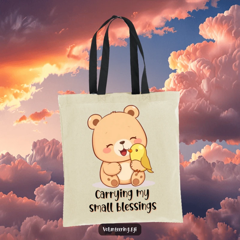 Funny tote bag with a giggling bear petting a small bird on its nose, perfect for carrying items with humorous wildlife charm. Great funny gift.