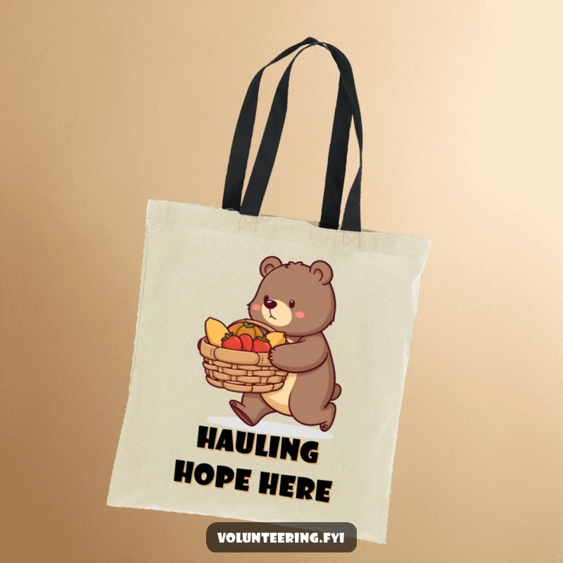 Funny bear tote bag, a determined bear carrying a large basket of donated food, ideal for shopping and supporting charitable causes.