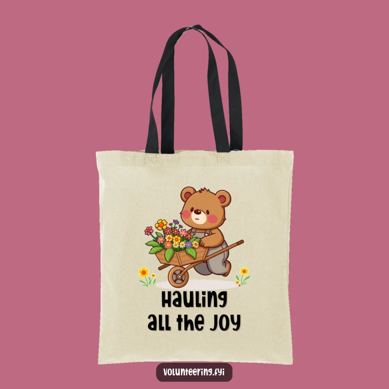 Funny Bear Tote Bag: Determined Bear Pushing Flowers, Practical Funny Gift