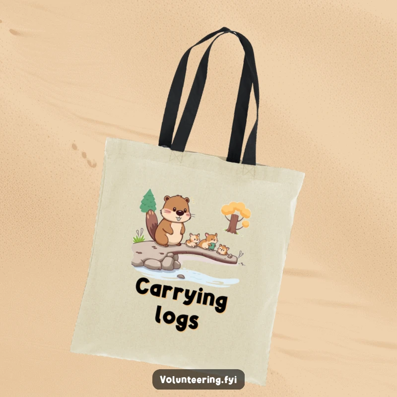 Funny beaver tote bag, a diligent beaver guiding small animals across a makeshift bridge, a humorous and functional accessory gift.