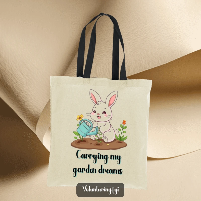 Funny tote bag featuring a smiling bunny planting with a watering can, perfect for carrying essentials with humorous gardening flair. Great funny gift.