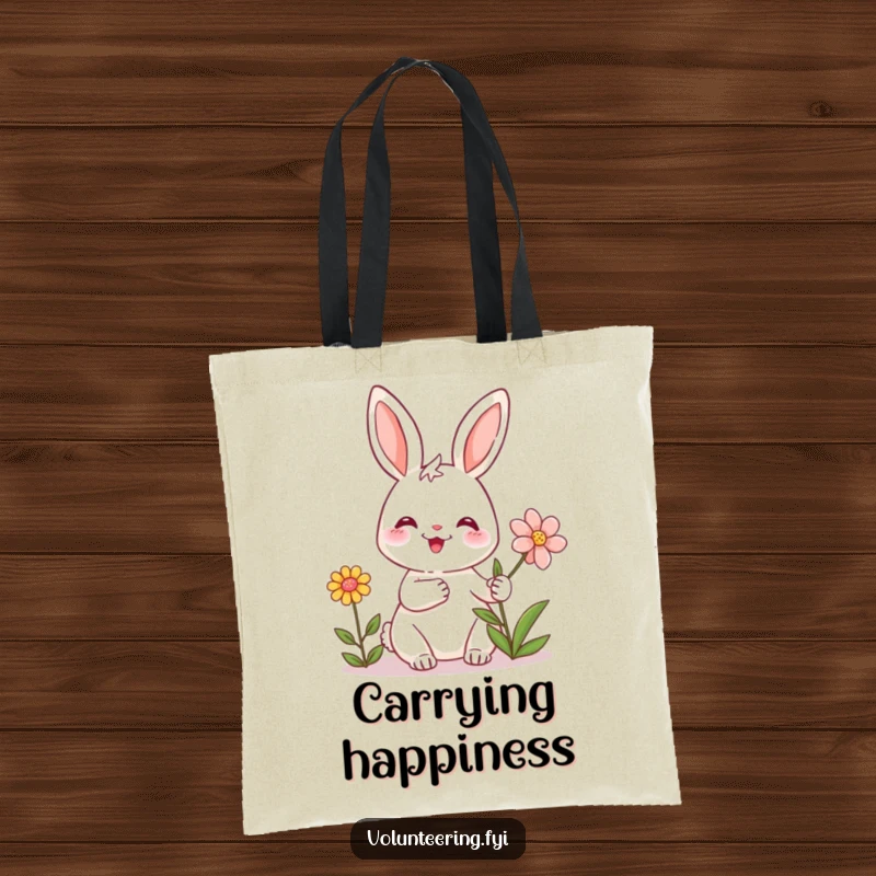 Funny tote bag with a friendly rabbit smiling and holding a flower, ideal for carrying essentials with a heartwarming theme.