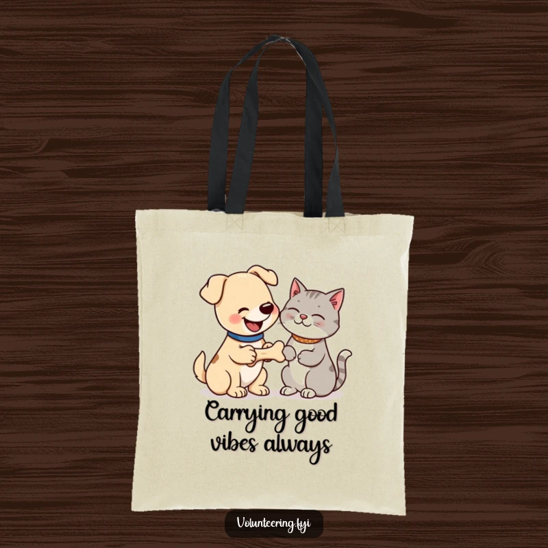 Funny tote bag with a happy dog offering a bone to a grateful cat, showing a humorous and heartwarming pet exchange. Excellent funny gift.