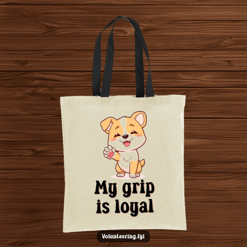 Funny joyful dog character offering a friendly paw to another dog on a durable tote bag, excellent funny gift.