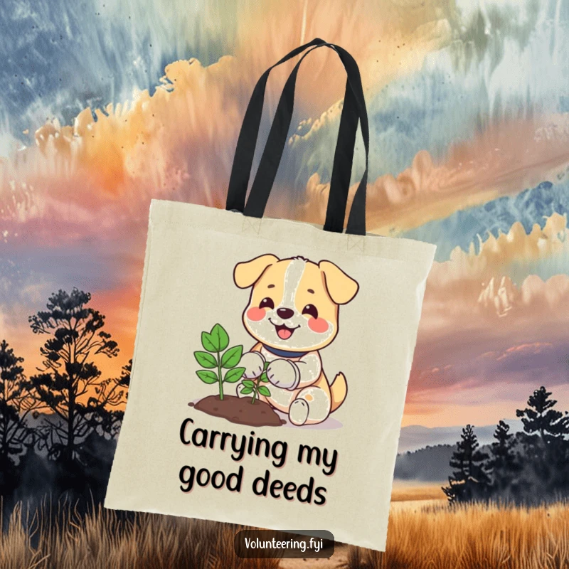 Funny tote bag with a happy dog in gardening gloves planting a tree, perfect for carrying groceries or gardening tools.