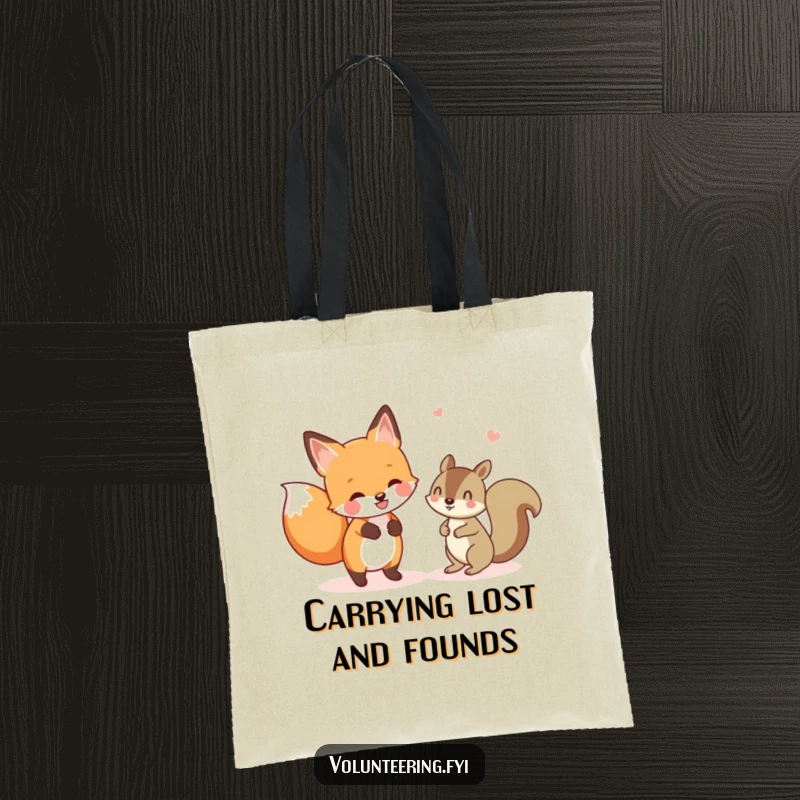 Funny tote bag with a cheerful fox guiding a lost squirrel, perfect for carrying items with humorous woodland kindness. Great funny gift.