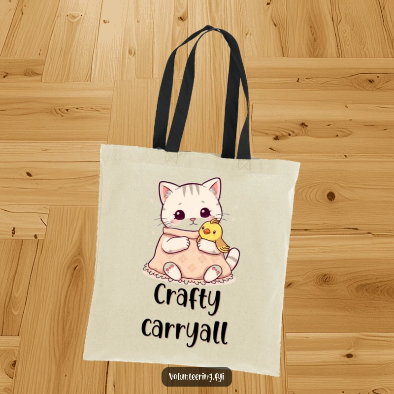 Funny Kawaii Cat Knitting Tote Bag: A cute and durable bag with a cat knitting a blanket for a bird, perfect for carrying treasures.