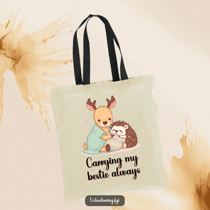 Funny tote bag with a Kawaii deer and hedgehog sharing a blanket, ideal for carrying essentials with a dose of cute warmth.