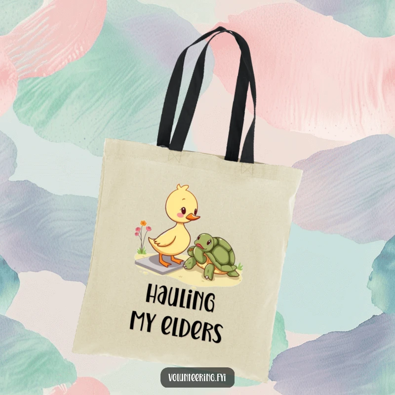 Funny kawaii duckling tote bag, showing a cute duckling helping an elderly turtle cross a path, perfect for shopping or daily use.