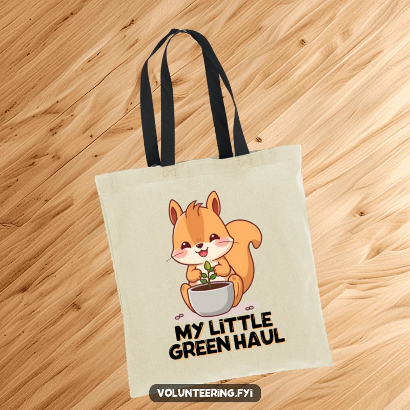 Funny Kawaii squirrel planting a tiny seed in a pot, cute tote bag for gardeners.