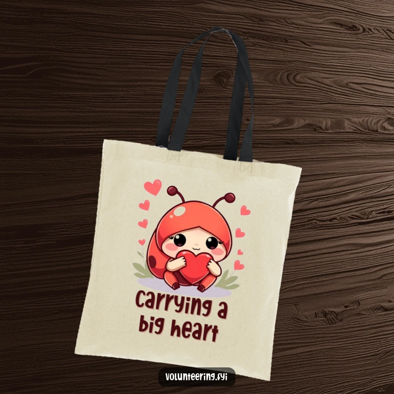 Funny tote bag showcasing a helpful red ladybug guiding newcomers with its paw, perfect for carrying items with a humorous, kind vibe.