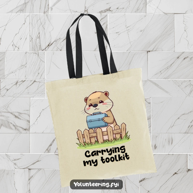 Funny tote bag with a helpful otter passing a toolbox over a small fence, great for carrying supplies.
