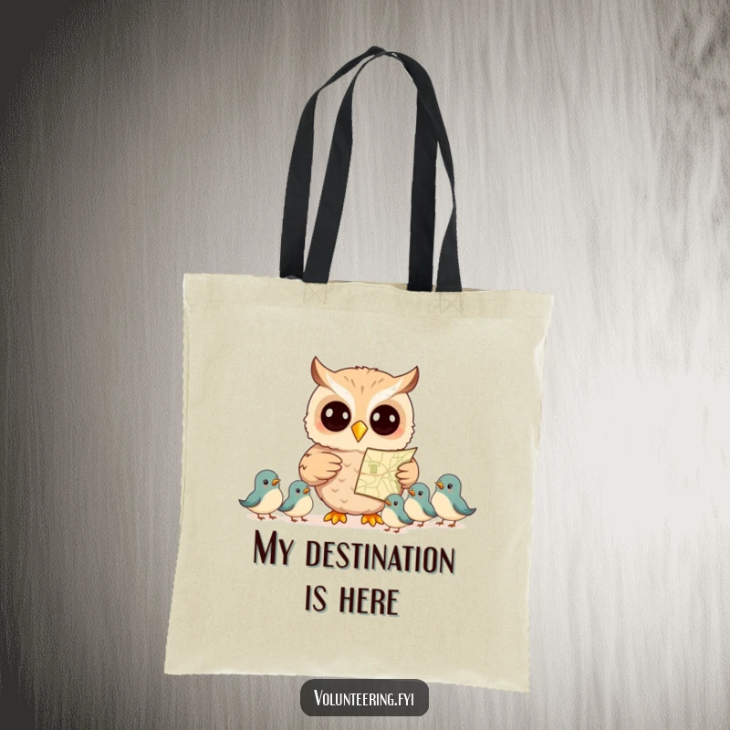 Funny tote bag with a smiling owl using a map to direct smaller birds, practical for carrying items with a humorous, adventurous theme.
