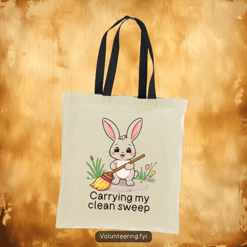 Funny tote bag with a smiling rabbit holding a broom and sweeping a path, perfect for errands or market trips.